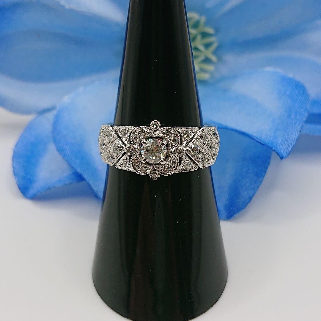 アンティーク風フラワーデザイン 天然ダイヤモンドリング Pt950