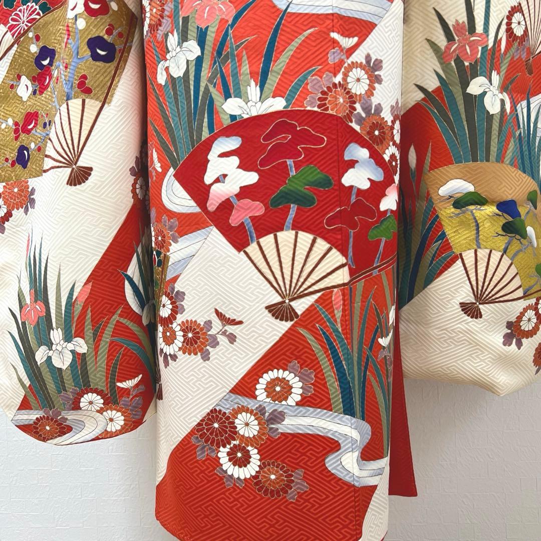 472 振袖フルセット 正絹 クリーム オフホワイト 赤 金彩 駒刺繍