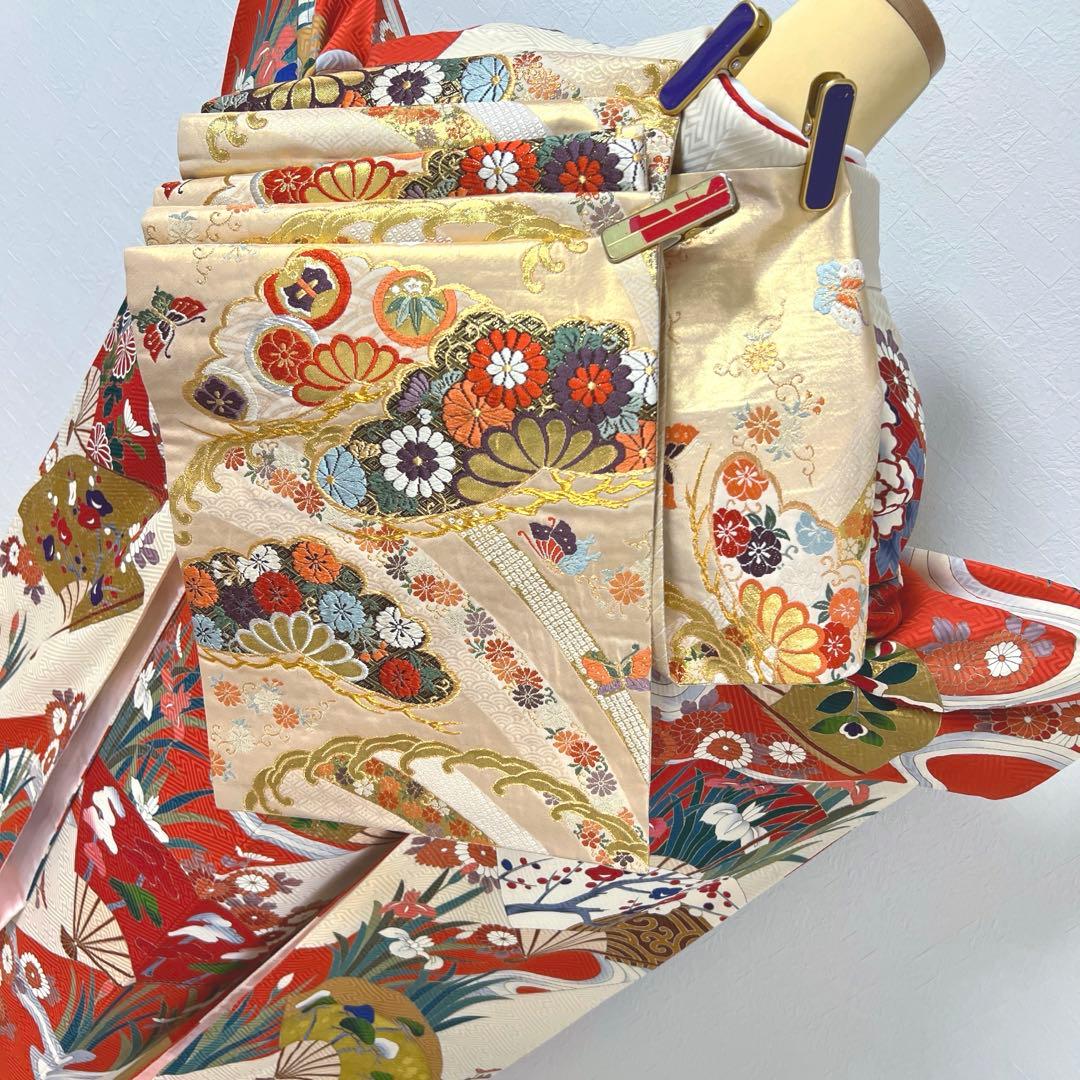 472 振袖フルセット 正絹 クリーム オフホワイト 赤 金彩 駒刺繍