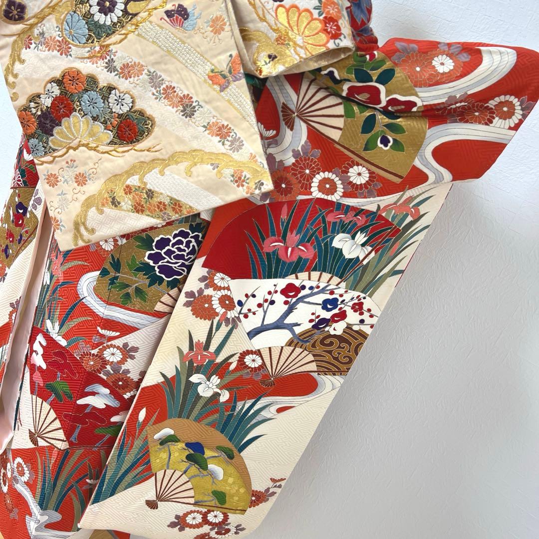 472 振袖フルセット 正絹 クリーム オフホワイト 赤 金彩 駒刺繍