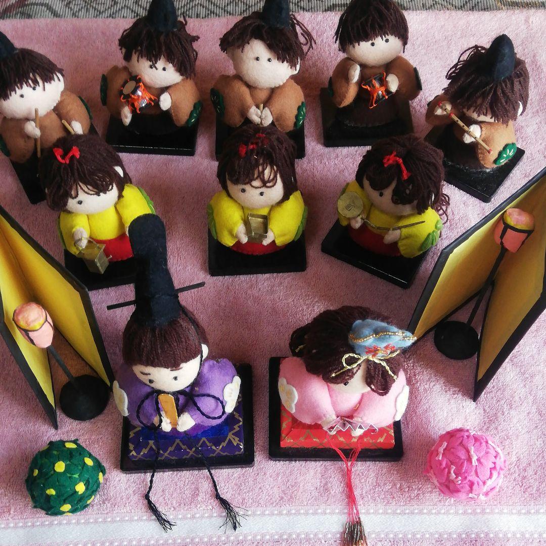 ハンドメイドお雛様、三人官女、五人囃子