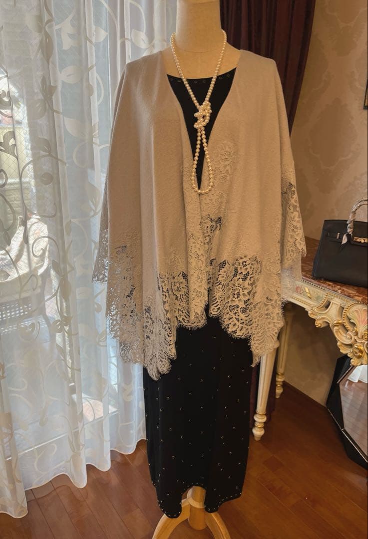 エルマンノシェルビーノ　レースストール　水色　ブルーグレー　カシミア混