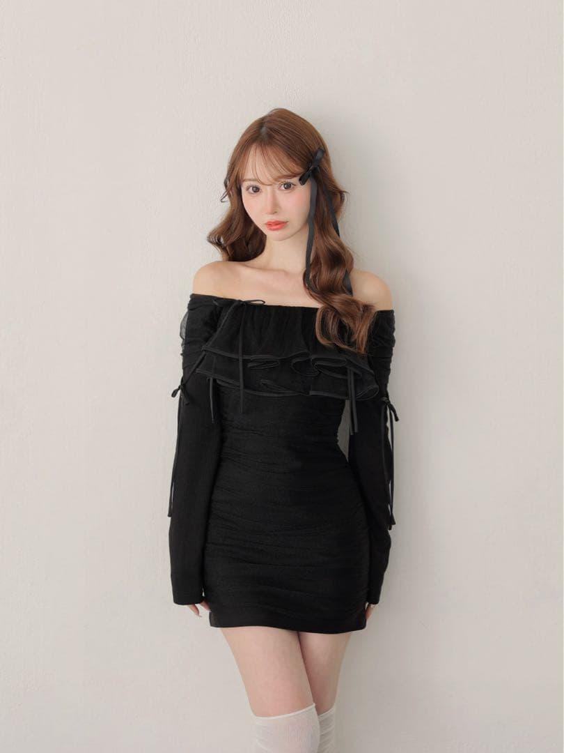 M me eme Tulle drape mini onepiece ブラック
