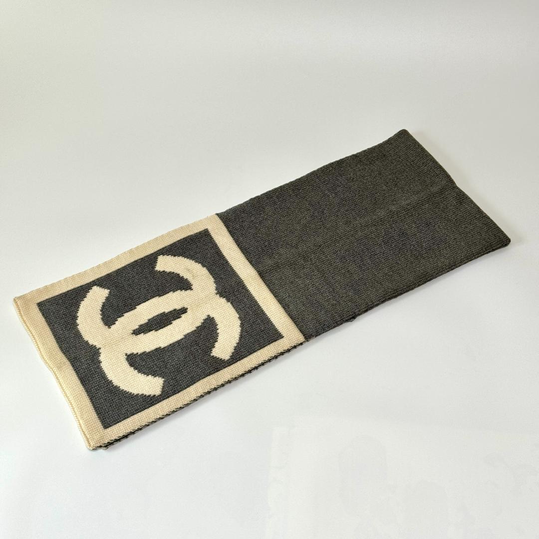 CHANEL シャネル ココマーク ニットマフラー ストール グレー/アイボリー