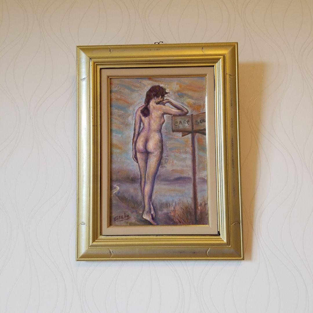 油絵　絵画　題名《岐路》道しるべ　裸婦　P 6 サイズ　2000年製作