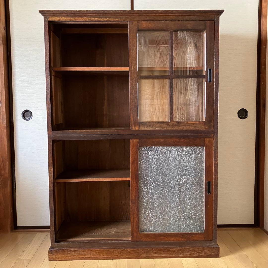 アンティーク　本箱　本棚　戸棚　食器棚　陳列棚　店舗　ニ重ね　無垢　引戸　レトロ