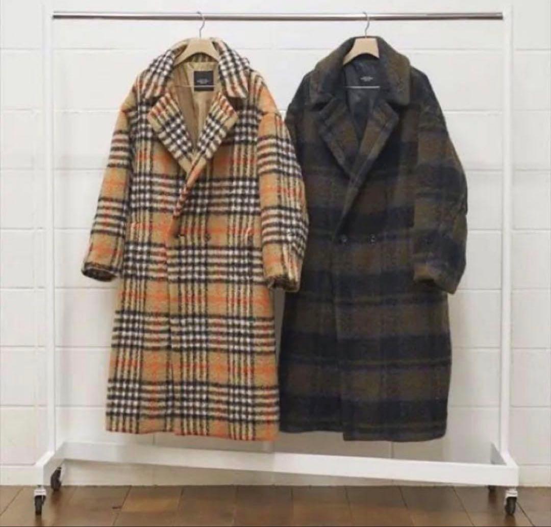 UNUSED ベージュ×黒×オレンジチェック ロングコート Lサイズ