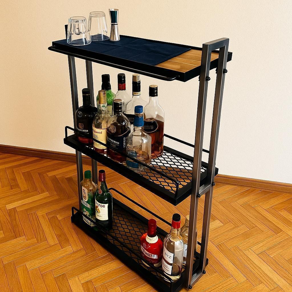 スチール製バーカート　ウイスキーラック　 3段　メッシュ棚　アイアン家具
