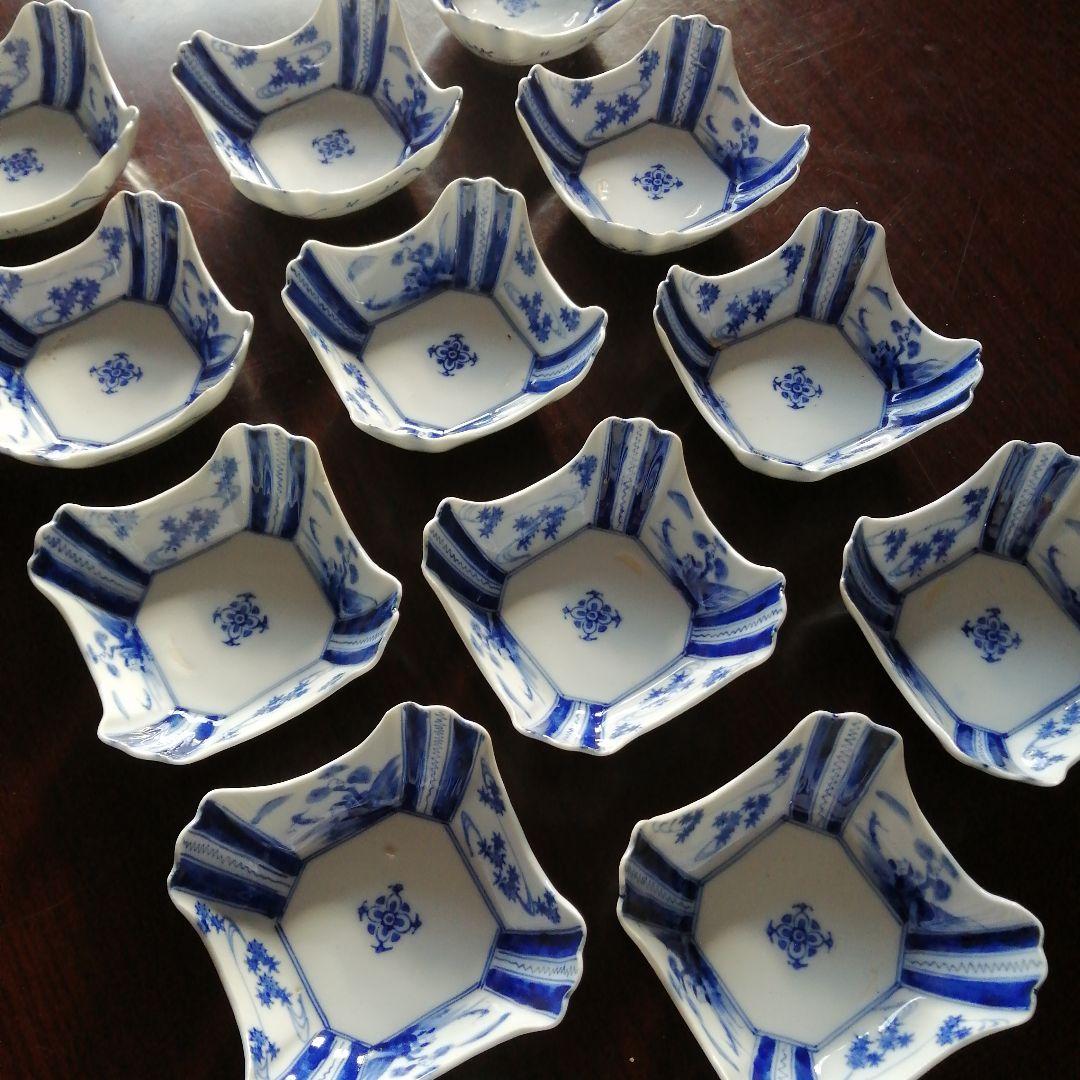 伊万里　染付四方向付　12客　10.3cm　明治〜大正期