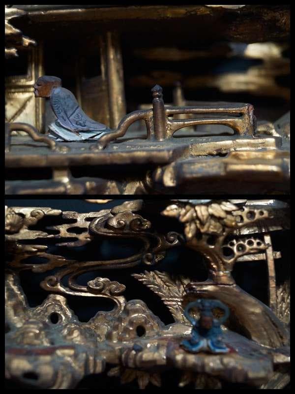 江戸末期一刀彫り高浮彫『人物風景図』 木造彩漆金箔張る 弓欄間 欄間飾り仏教美術