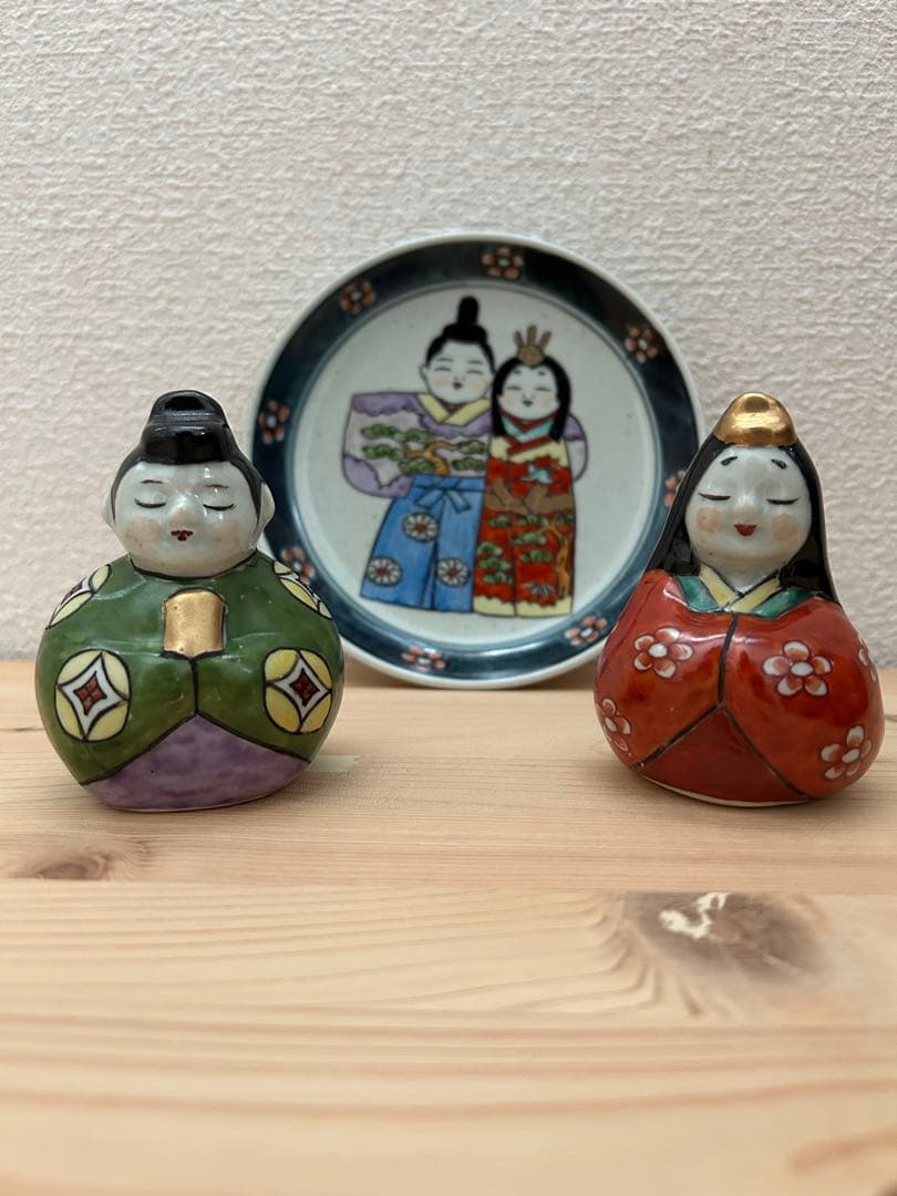 有田焼 円左エ門 雛人形 立雛 ペア＋飾り皿 三点セット｜手描き陶器 ひな飾り