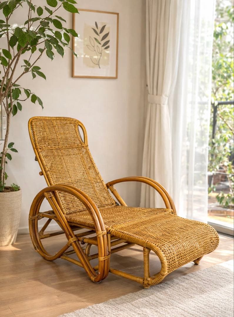 希少 ラタン製 リクライニングチェア オットマン付｜籐家具｜