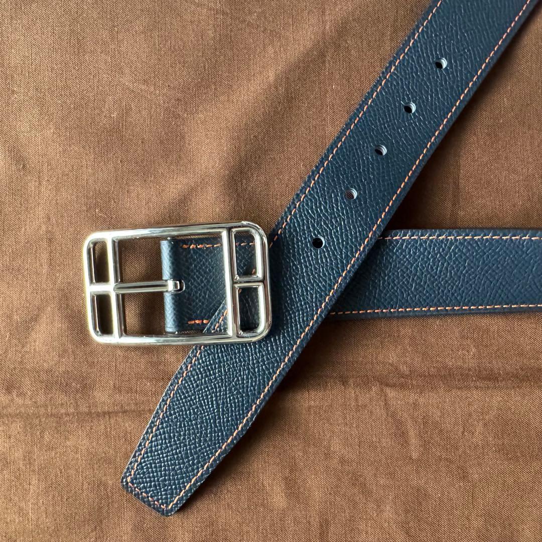 エルメス リバーシブル ベルト レザー ネイビー オレンジ HERMES