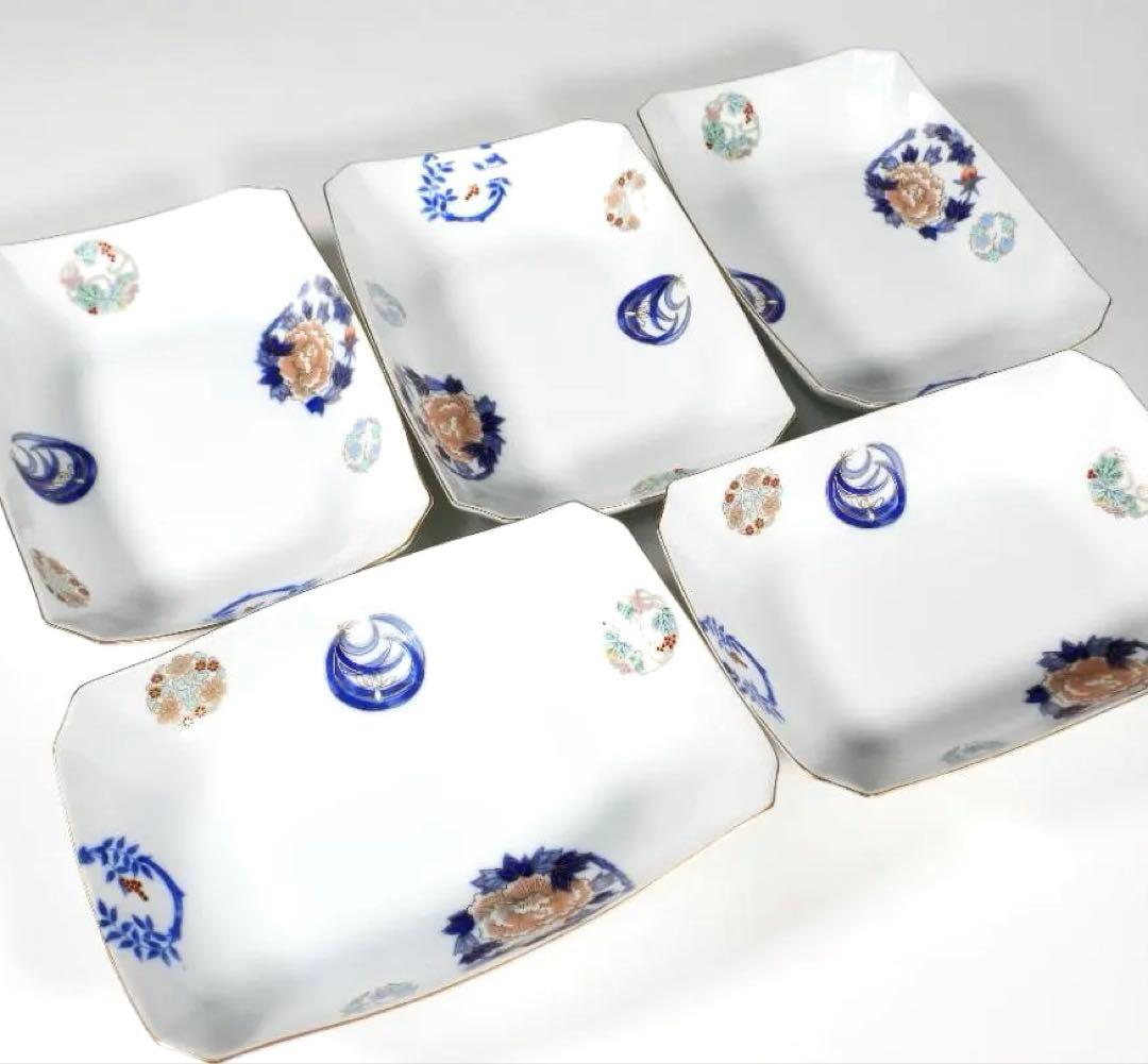 深川製磁 染錦花丸紋 長角皿　刺身皿5枚