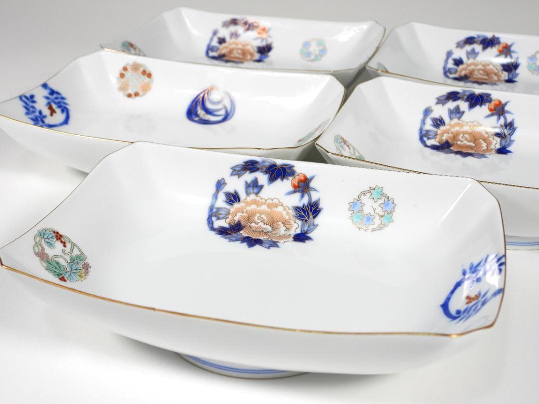 深川製磁 染錦花丸紋 長角皿　刺身皿5枚