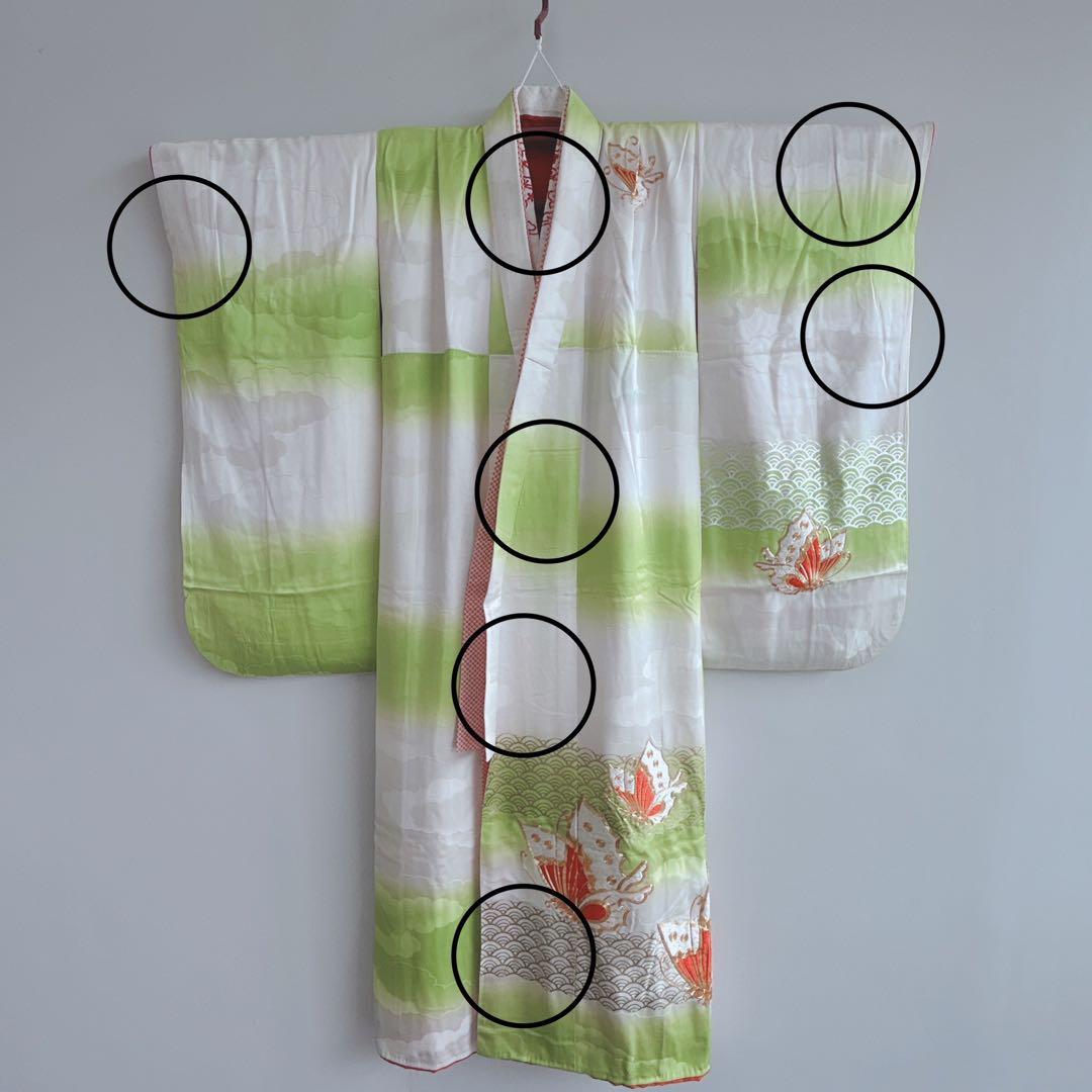 セット　七五三　7歳女の子　長着＆袋帯＆長襦袢＆小物　黄緑×白　比翼仕立　刺繍蝶