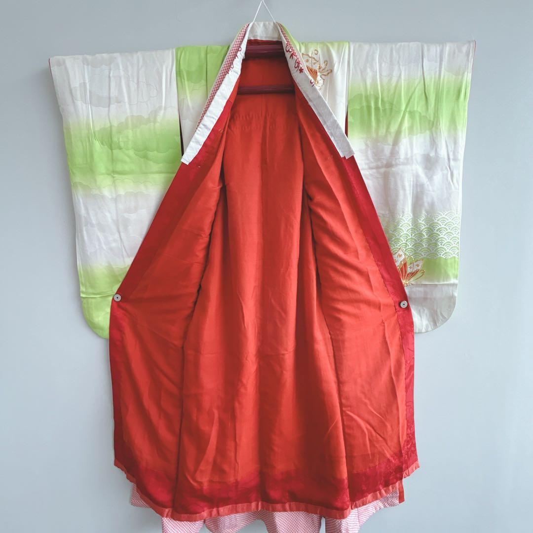 セット　七五三　7歳女の子　長着＆袋帯＆長襦袢＆小物　黄緑×白　比翼仕立　刺繍蝶