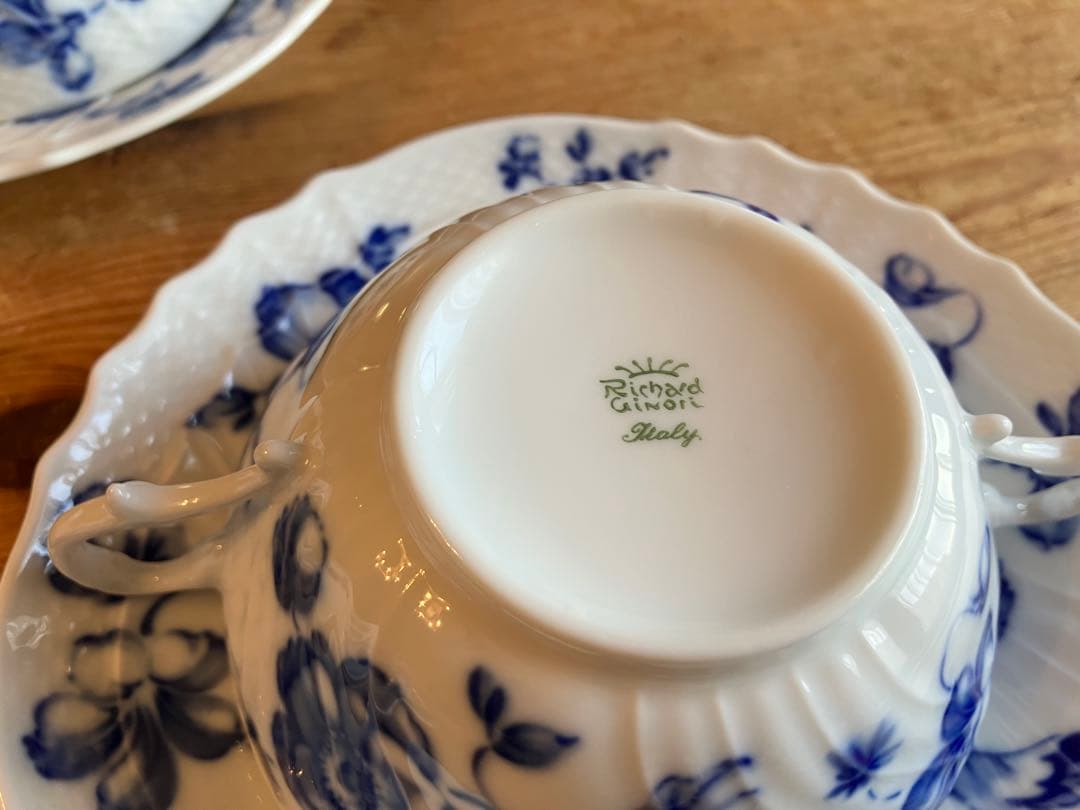 ジノリ　ベッキオブルーフラワー　ダブルハンドルスープカップアンドソーサー×5