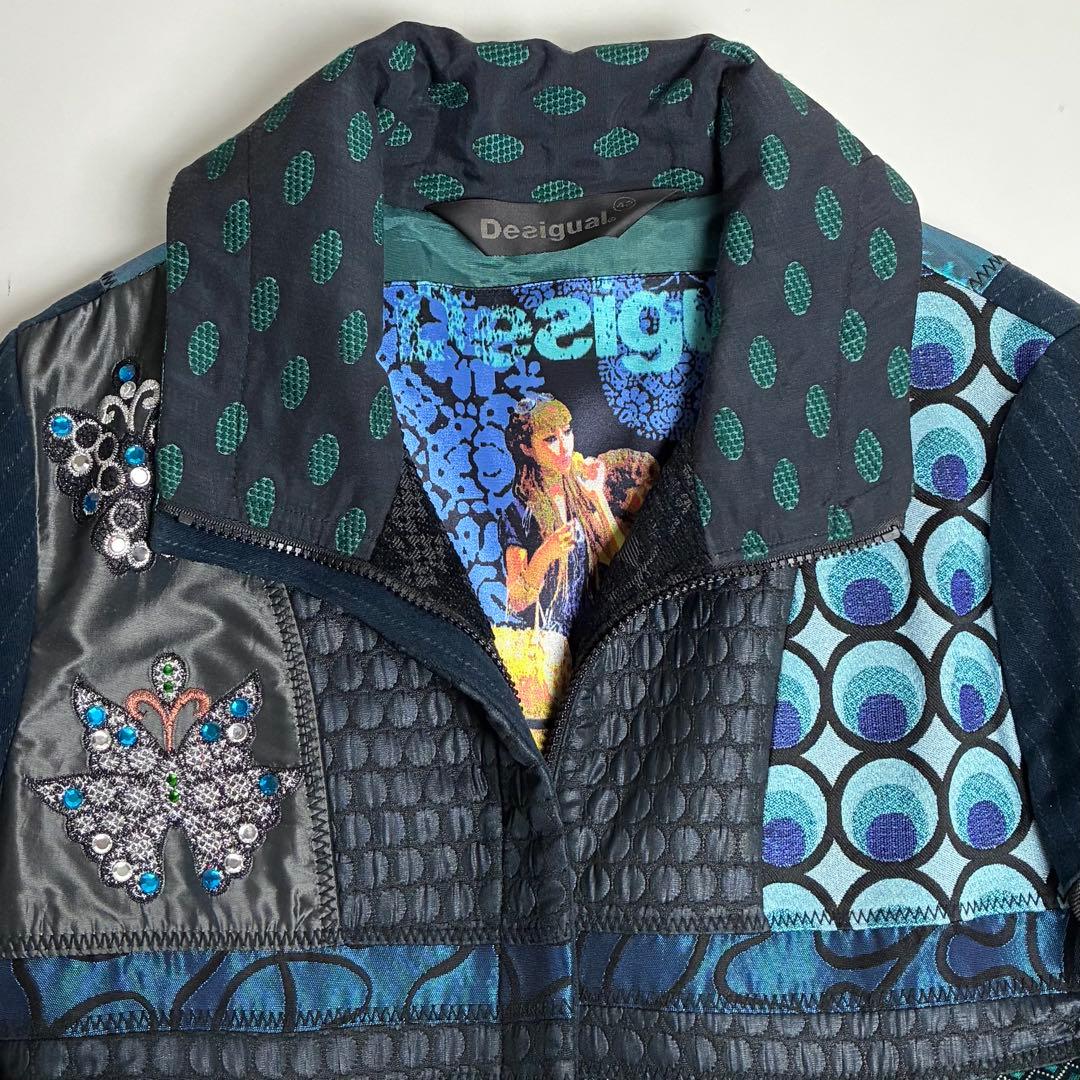 【美品】デシグアル/総柄ロングコート/刺繍/ジャガード/異素材切替/パッチワーク