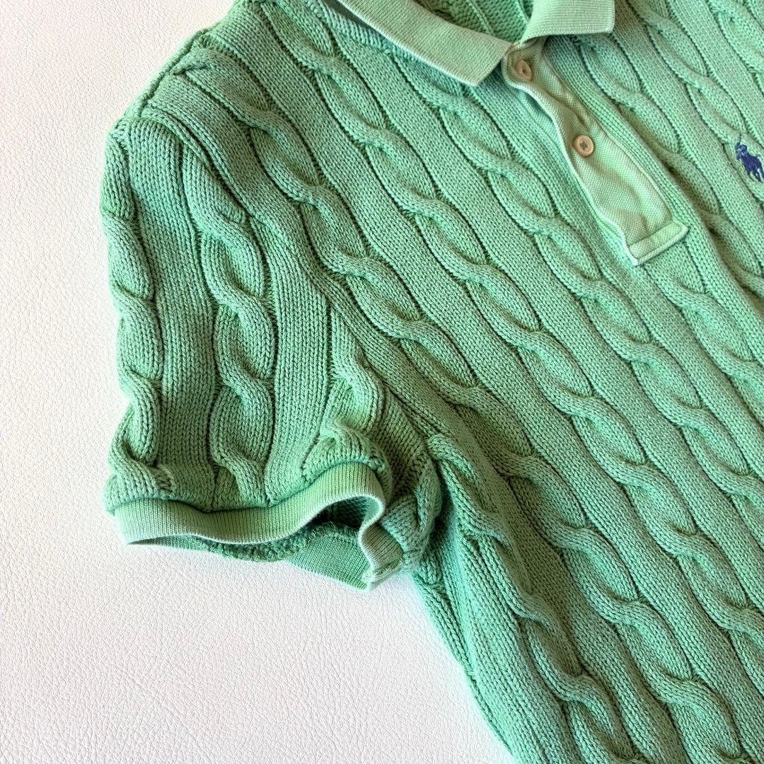 ポロラルフローレン　2025 現行　ケーブルニットポロシャツ　グリーン　L相当