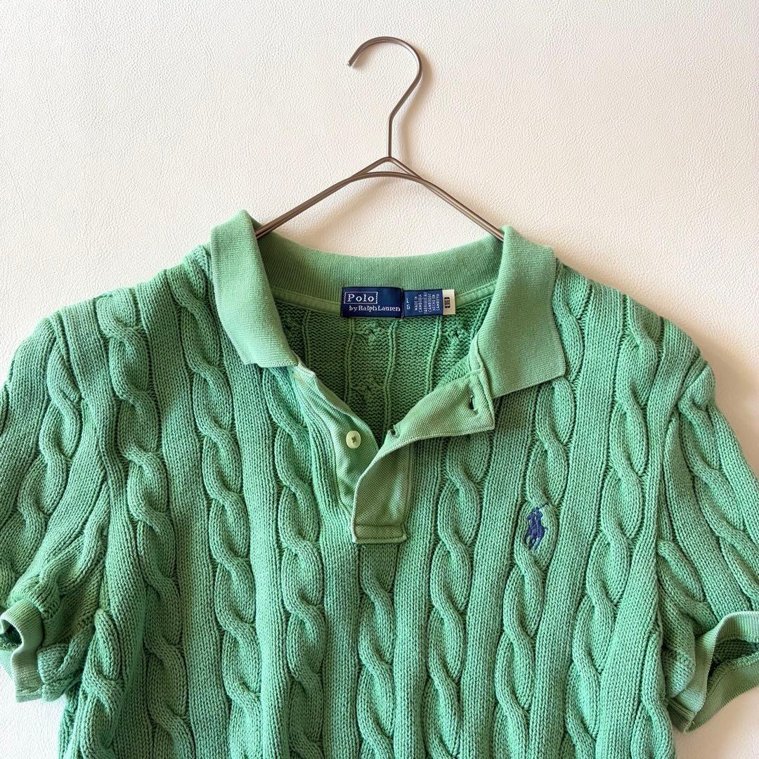 ポロラルフローレン　2025 現行　ケーブルニットポロシャツ　グリーン　L相当