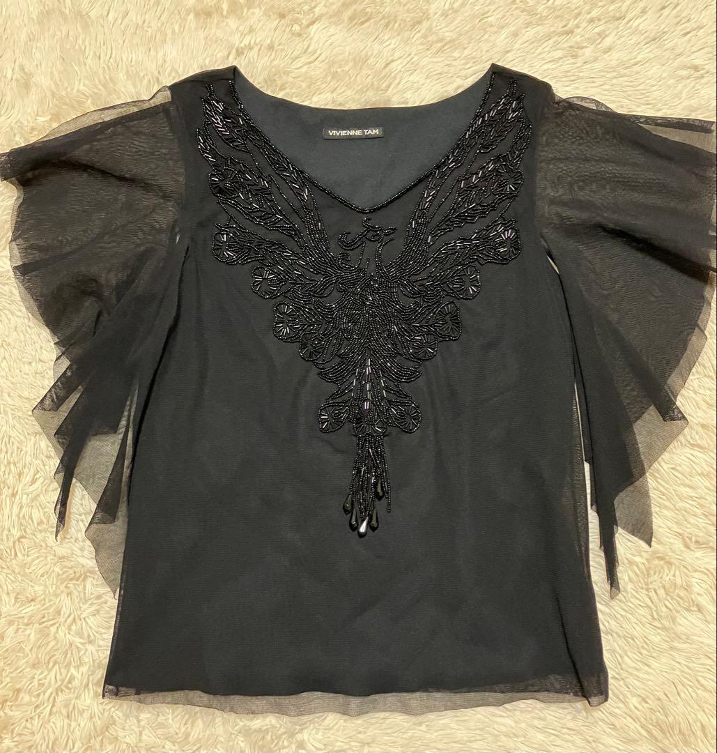 Vivienne Tam ビーズ　タンクトップ 黒　パワーネット
