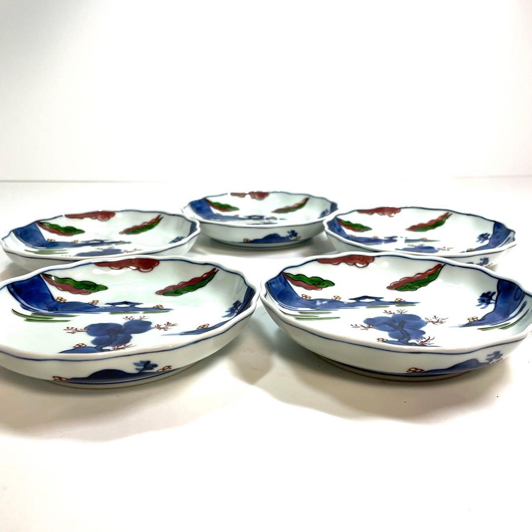 源右衛門 作 染錦 山水絵 花形 銘々皿 共箱