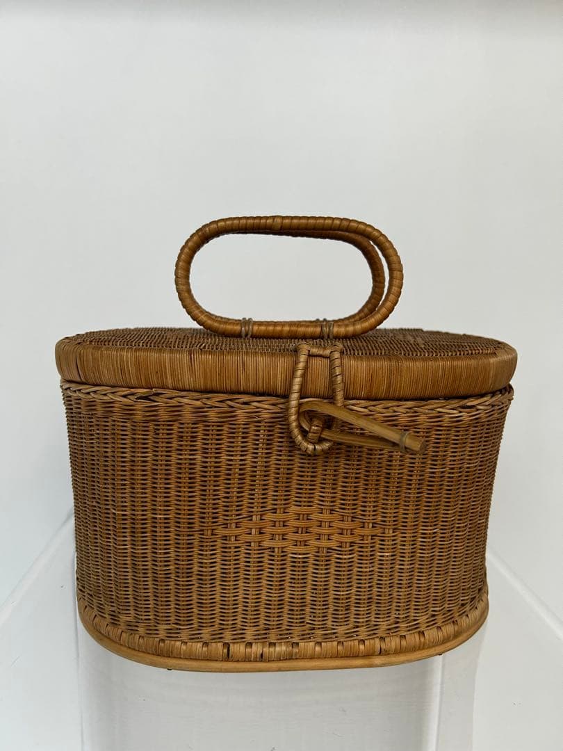 籐製円筒形バスケット 蓋付き 昭和 アンティーク