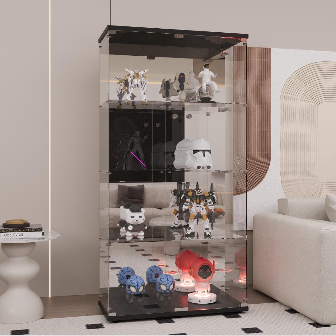 【新品】ガラスコレクションケース｜背面ミラー仕様｜4段両扉ワイド黒｜フィギュア棚