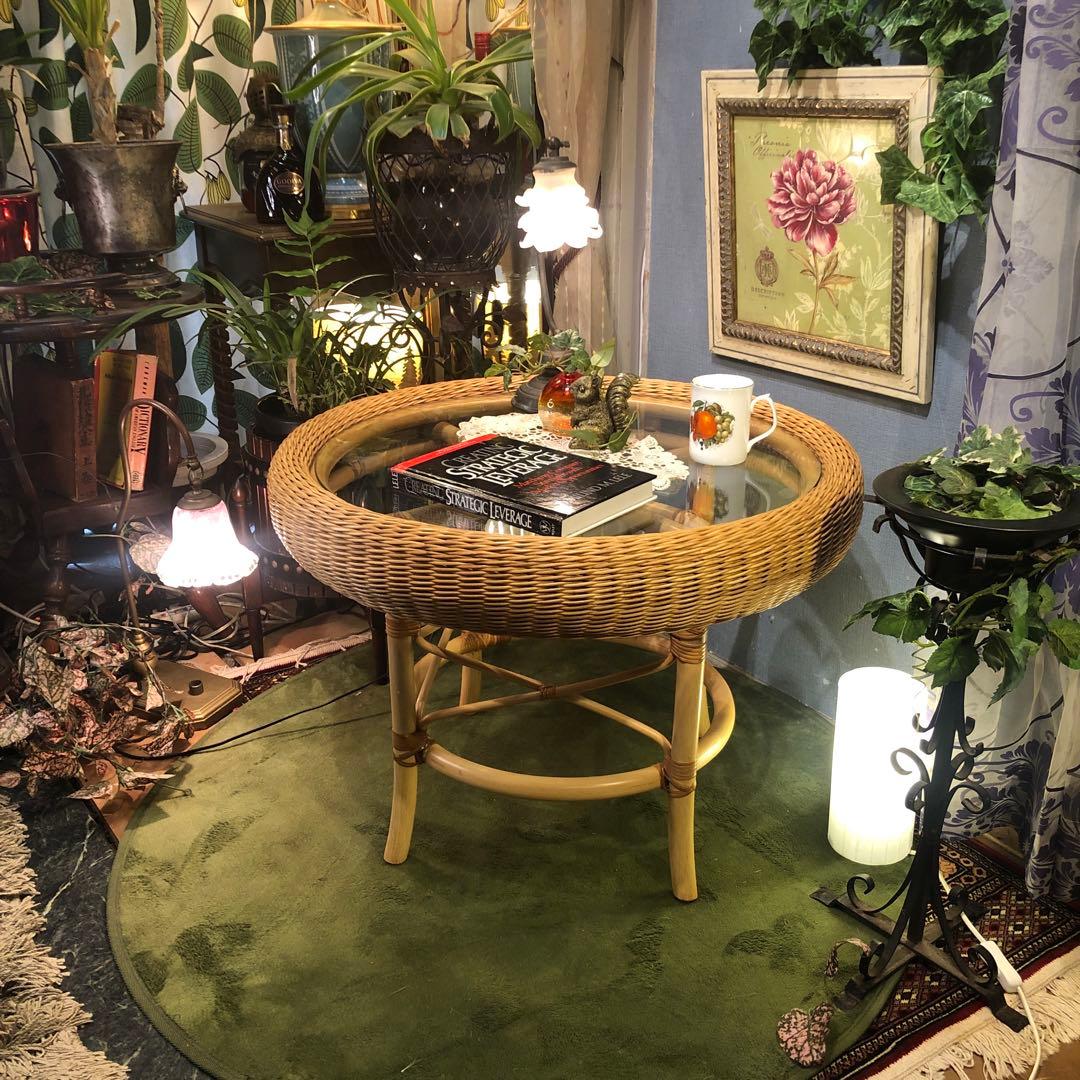 せいここちゃん　ナチュラル　籐ラタンフレーム サイドテーブル 丸テーブル