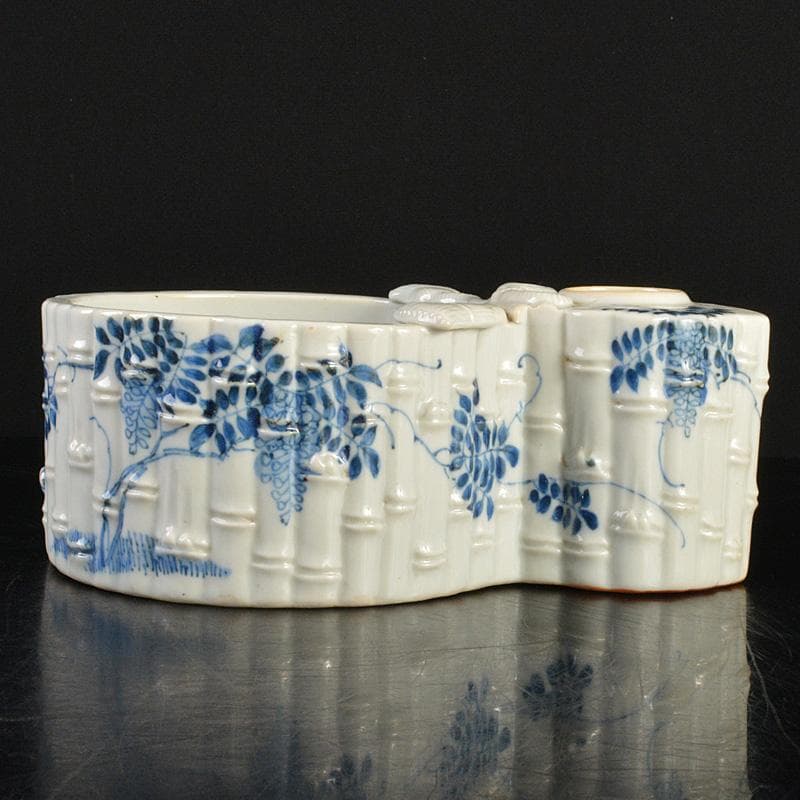 瀬戸焼　古瀬戸　書道具　染付　花鶴文　瓢箪形　筆洗　水盂　F　R7455