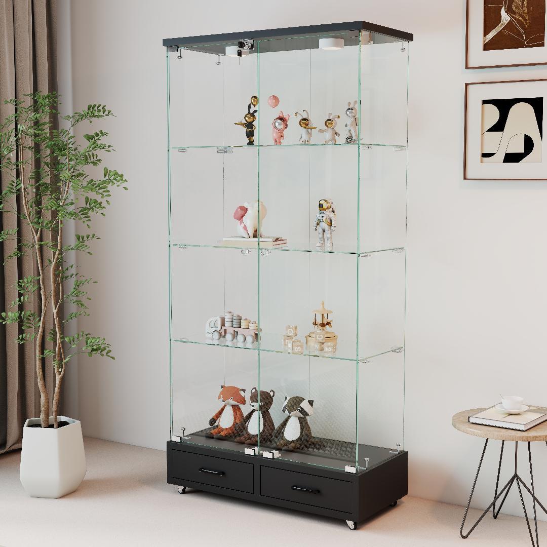 【ブラック】LED照明・引出し付 ガラス収納キャビネット4段 両開ドア