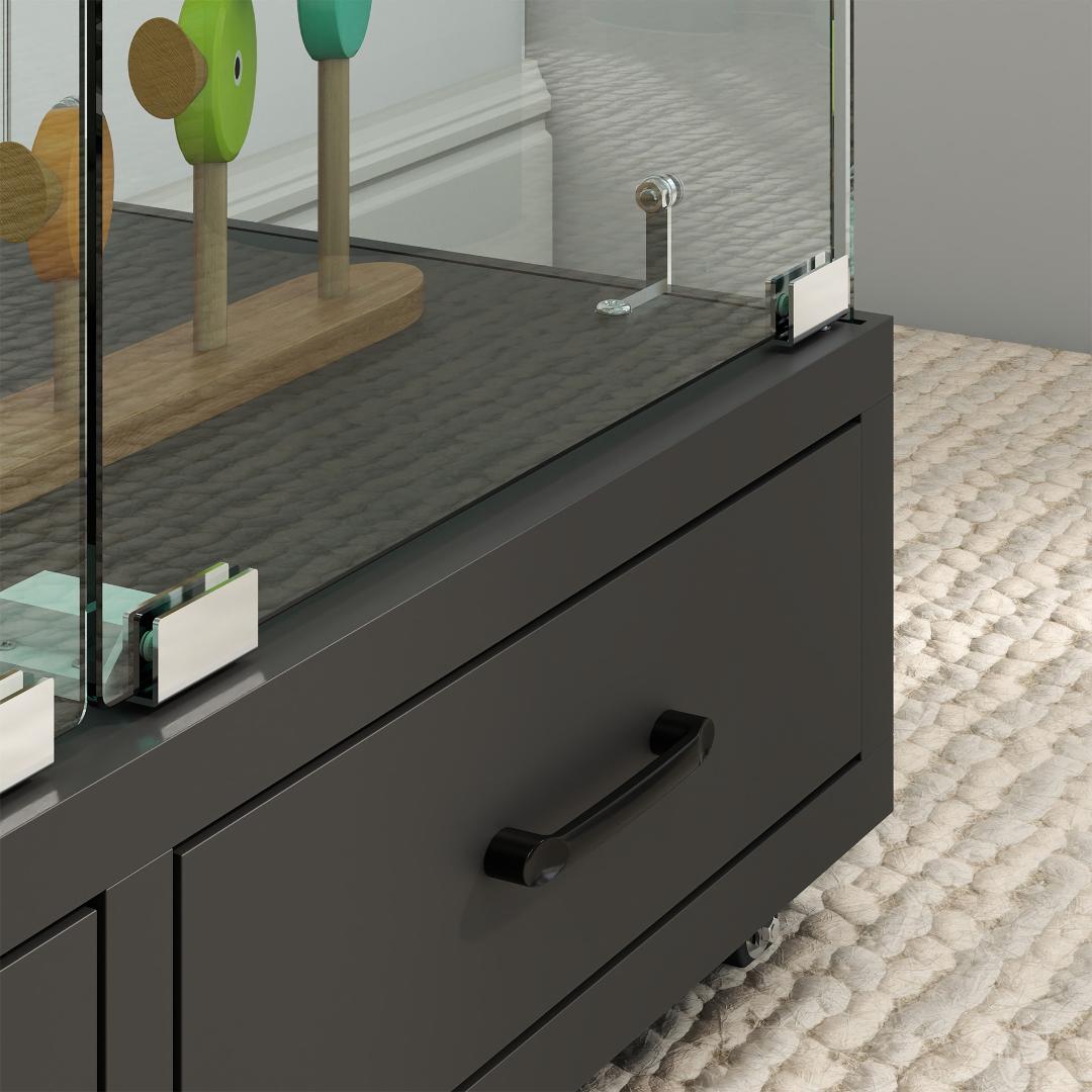 【ブラック】LED照明・引出し付 ガラス収納キャビネット4段 両開ドア