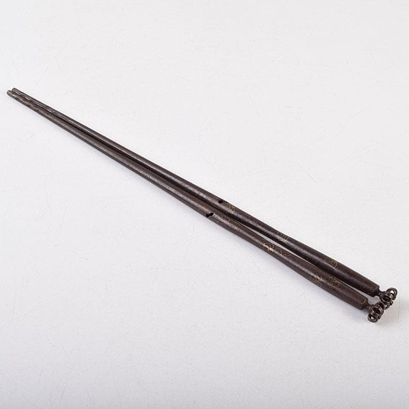 茶道具　釜師　高木治良兵衛作　金象嵌　梅頭鐵箸　火箸　共箱　M　R9504