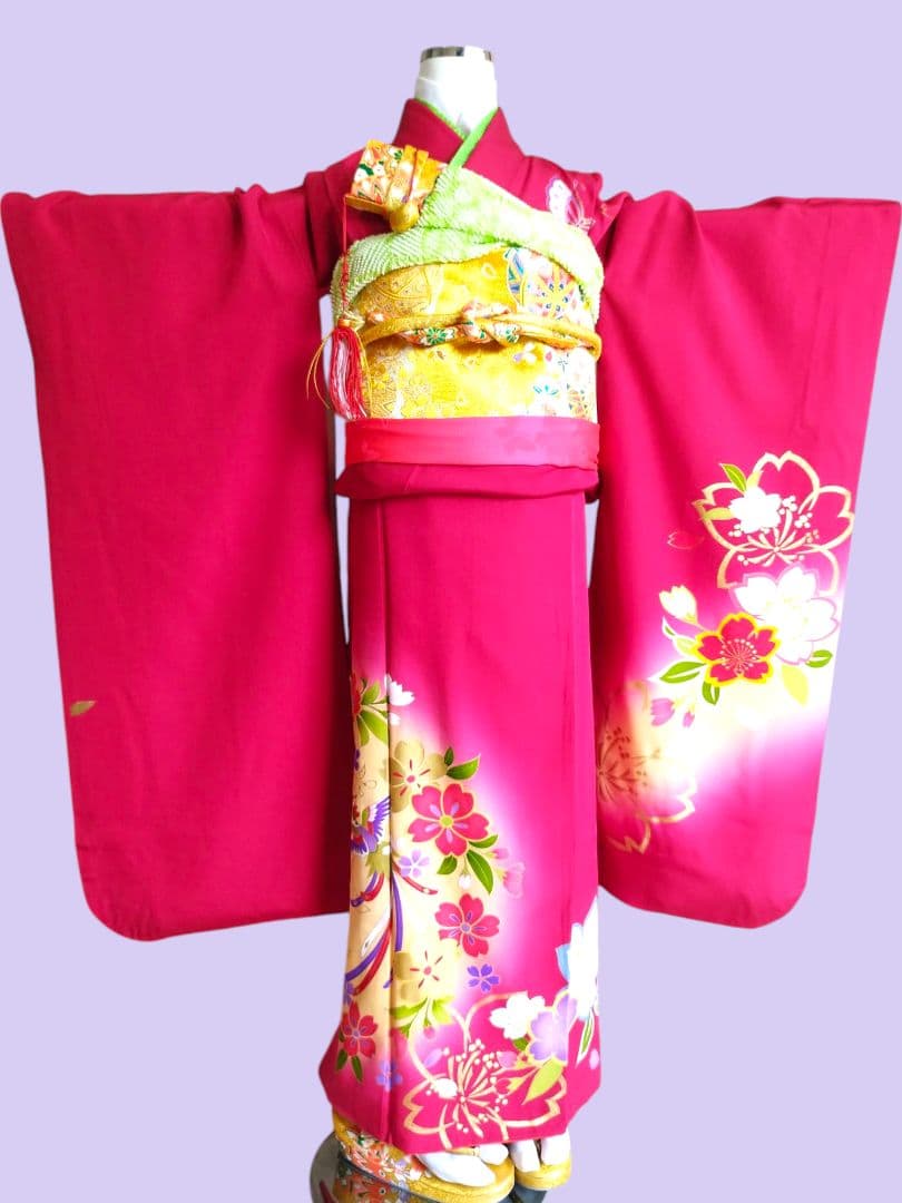 正絹☆誂え品☆濃い赤ピンクの着物と金の作り帯フルセット☆七五三７歳