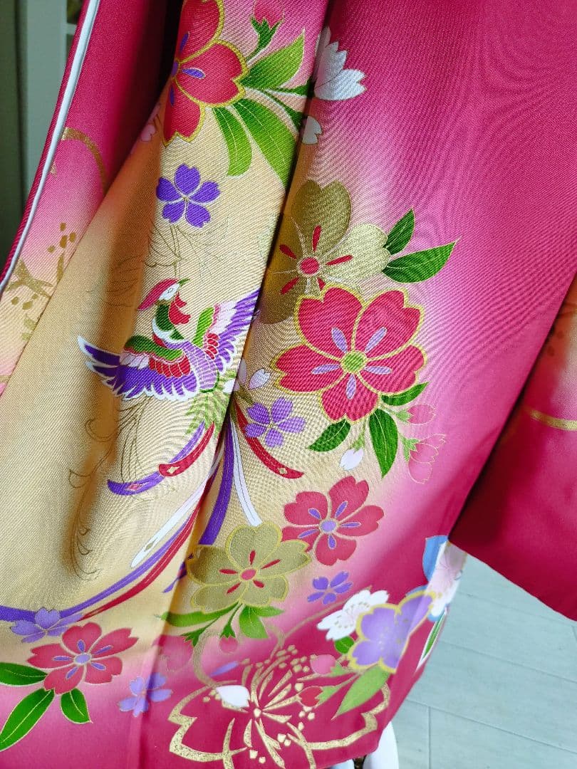 正絹☆誂え品☆濃い赤ピンクの着物と金の作り帯フルセット☆七五三７歳