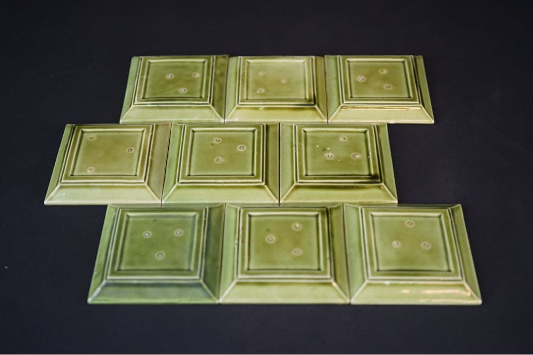 淡路珉平焼 緑釉 草文 四方小皿 9客 / 角皿 向付 豆皿 懐石料理道具