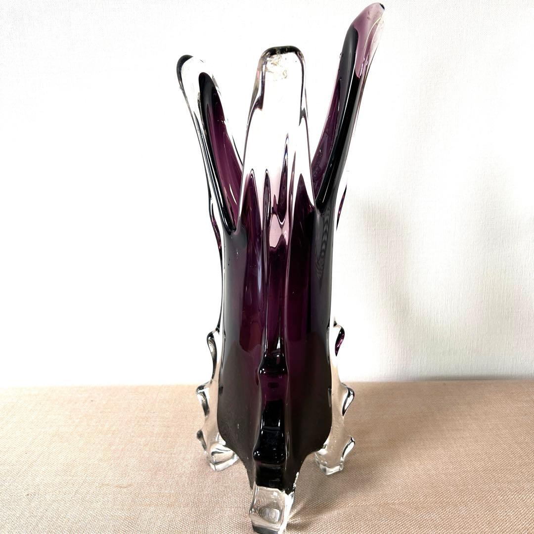 紫と透明のガラス花瓶 アートガラス