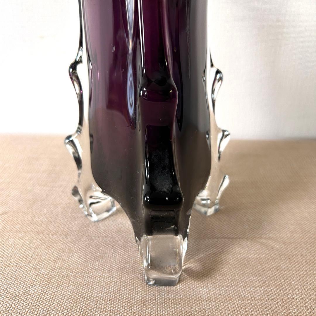 紫と透明のガラス花瓶 アートガラス