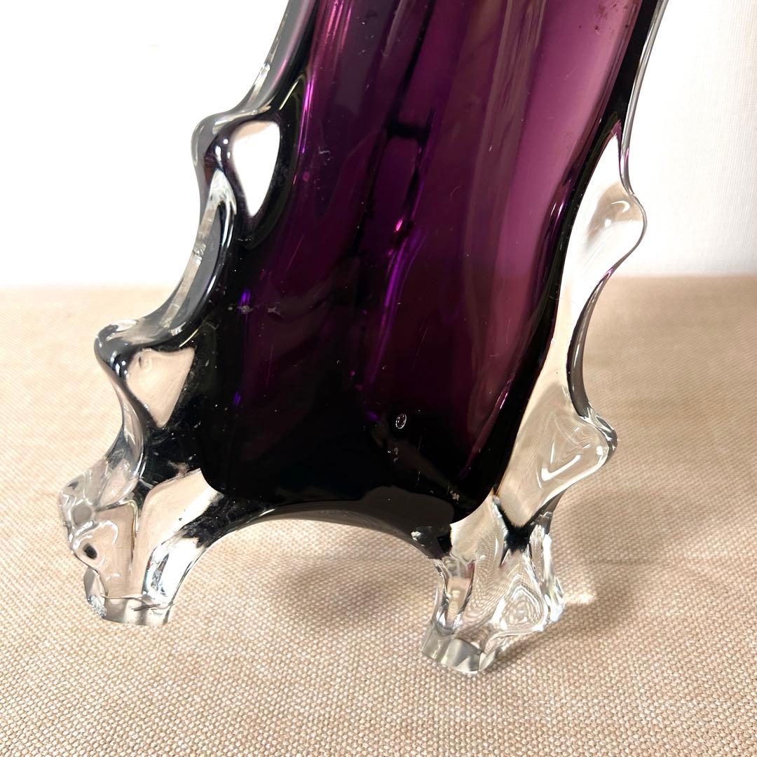 紫と透明のガラス花瓶 アートガラス