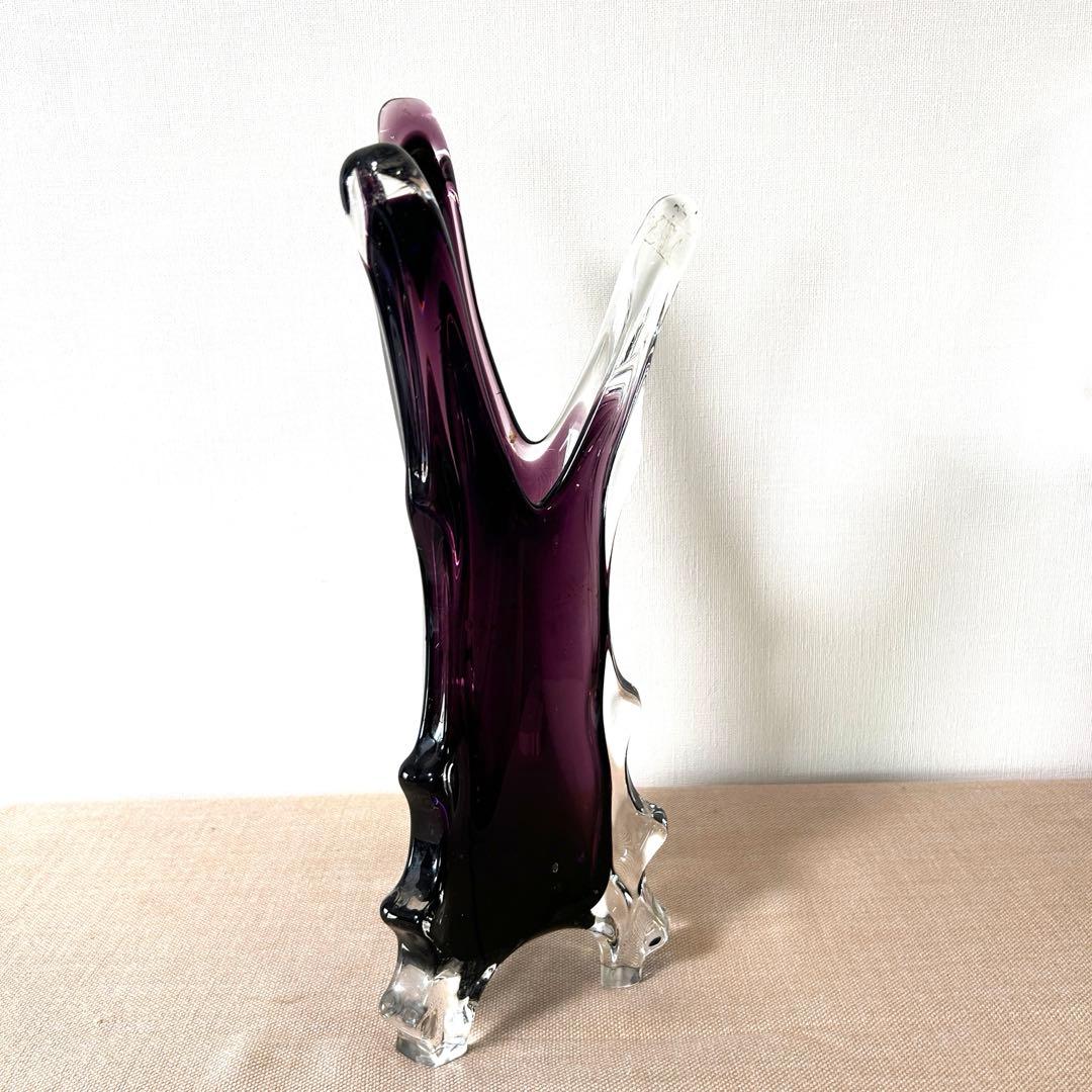 紫と透明のガラス花瓶 アートガラス