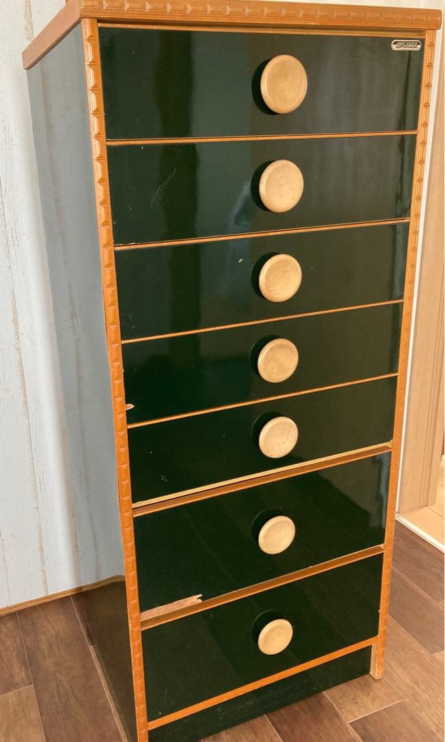 古家具　タンス　引き出し　7段　濃緑色、深緑系　サムラ工芸K.K 昭和レトロ