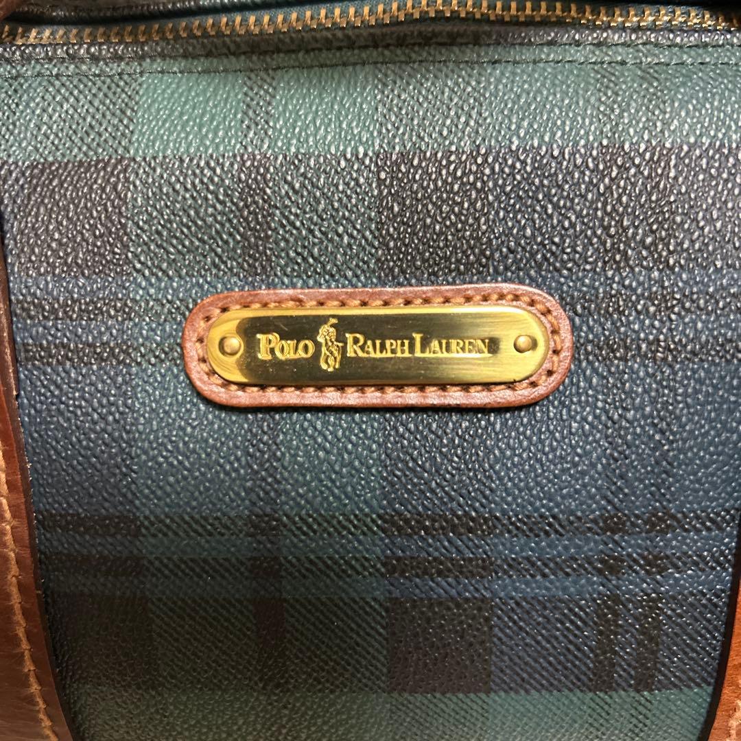 ポロラルフローレン ミニボストンバッグ PVC レザー グリーンチェック
