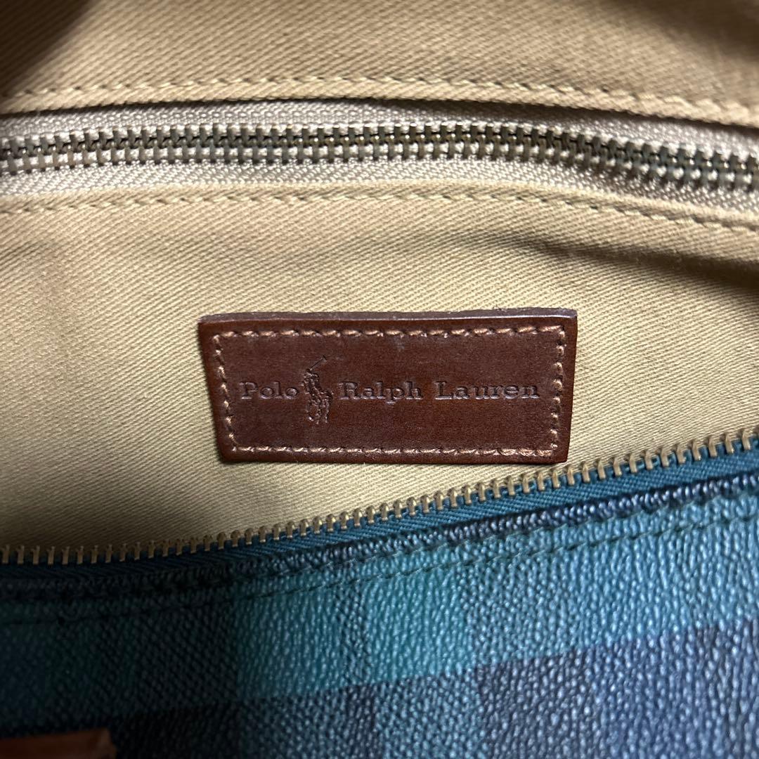 ポロラルフローレン ミニボストンバッグ PVC レザー グリーンチェック