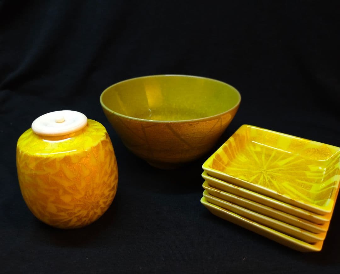 【小野珀子】釉裏金彩 茶碗 茶入 小皿