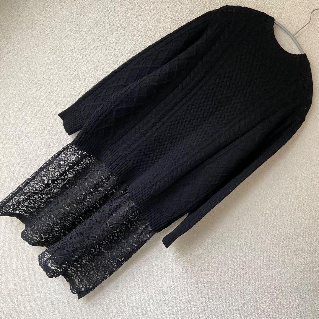 新品 zucca ズッカ ブラック ニットワンピース アランニット レース 黒