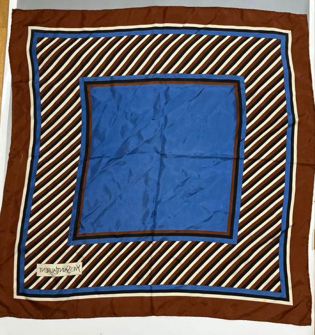 ビンテージ イヴサンローラン シルクスカーフ ブルー×ブラウン ストライプ 大判