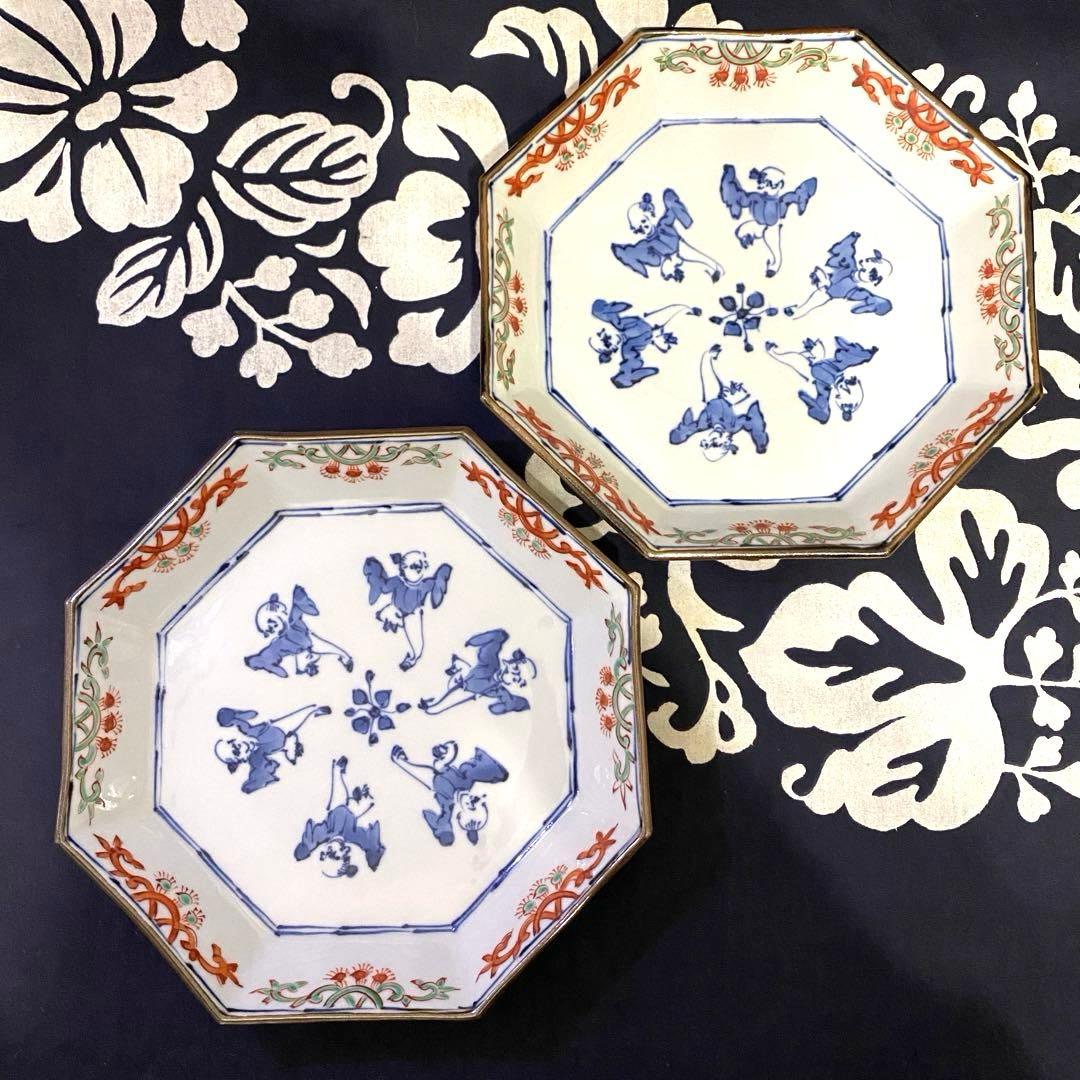 京焼　加藤雲泉　唐子八角皿　二枚組　京都　清水焼　① 高級食器　お正月・お祝いに