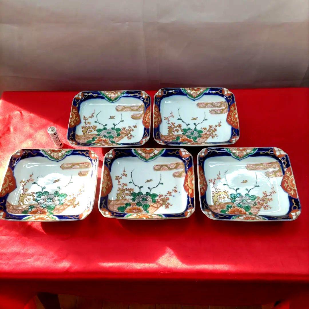 有田焼　伊万里焼　古伊万里　金彩　色絵　小皿　角皿　長角皿　5客セット　②