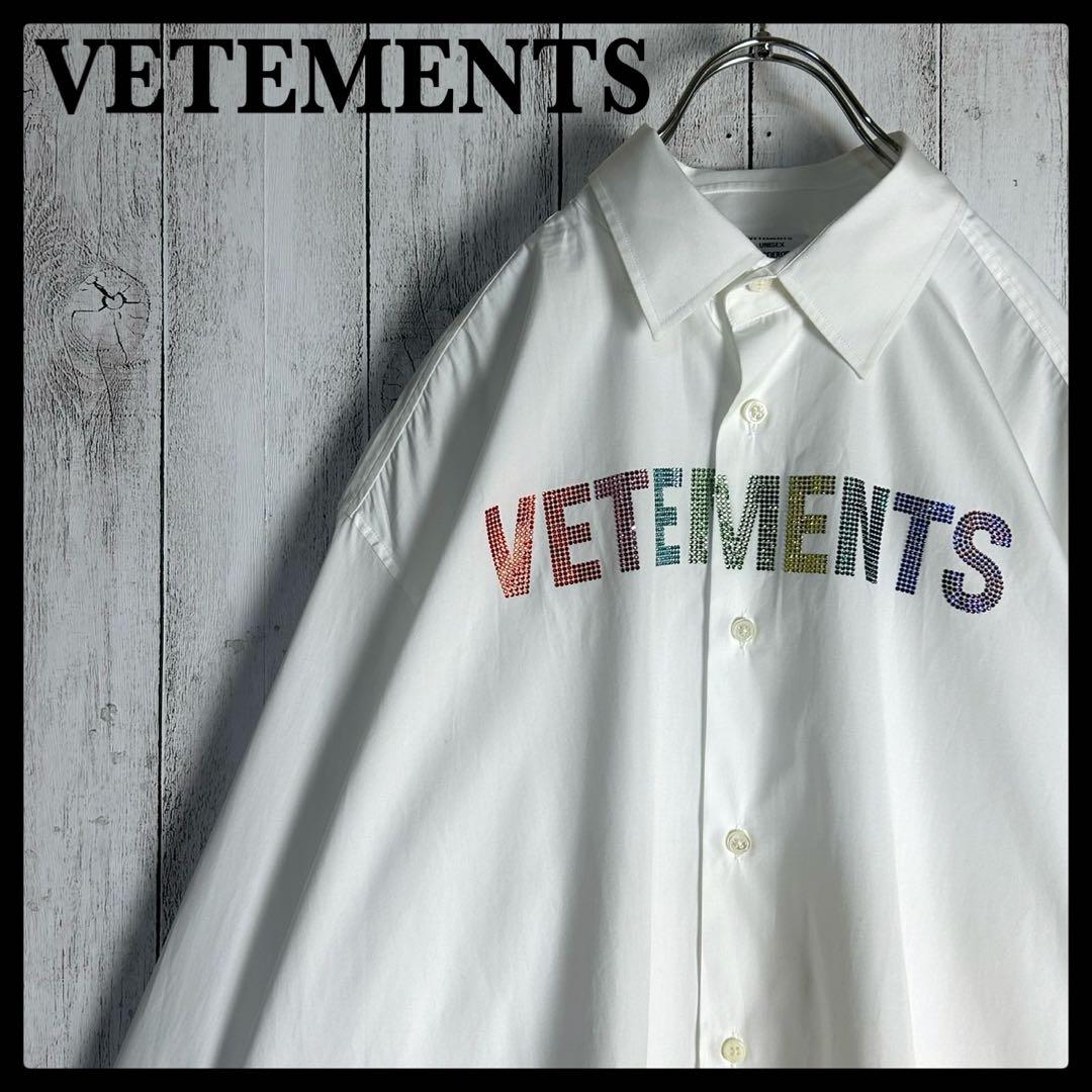 6018【超希少デザイン】ヴェトモン‪☆ラインストーンロゴ入り長袖シャツ 虹ロゴ